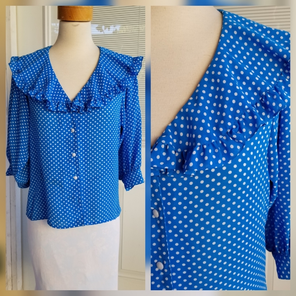 Vintage Style Polka Dot Sailor Collar with Ruffles Blue Size Medium Blouse